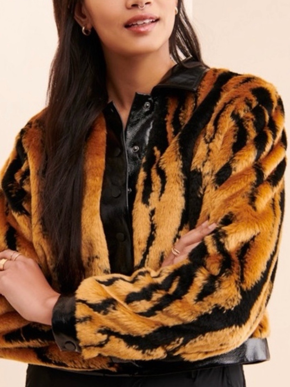 Capulet Tiger Print Faux Fur Jacket Plush Statement Coat Black Gold Size S